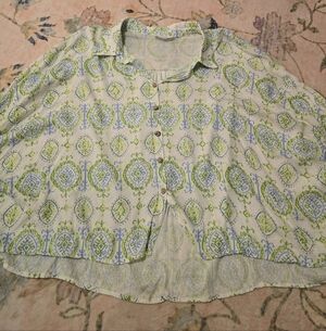 Talula Button-Down Blouse in White with Blue and Green Print